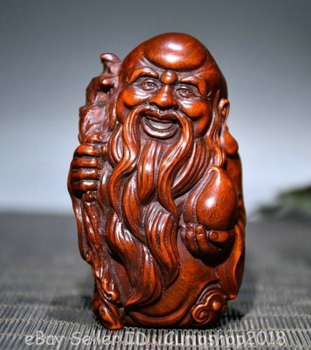 3,2" alte chinesische Buchsbaum Holz geschnitzt Fu Lu Shou "福禄寿" Statue Skulptur Set - Bild 7 von 9