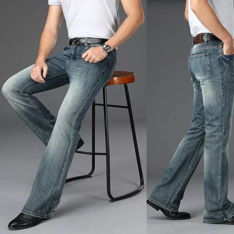 Men Flared Jeans Vintage 70s Bell Bottom Denim Pants Slim Blue Bootcut  Trousers