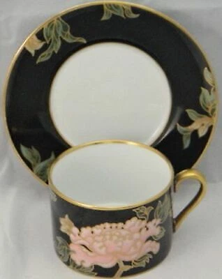 Set of 5 Fitz & Floyd Cloisonne Peony-Black Flat Cup and Saucer Sets