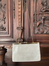 Vintage Etra Taupe Beige Leather Clutch Handbag Purse w Chain Classic Lined EUC 