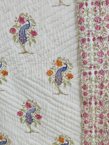 Quilt, Peacock Hand Block Print 100% Pure Cotton Cloth Quilted Throw Blanket - Foto 7 di 11