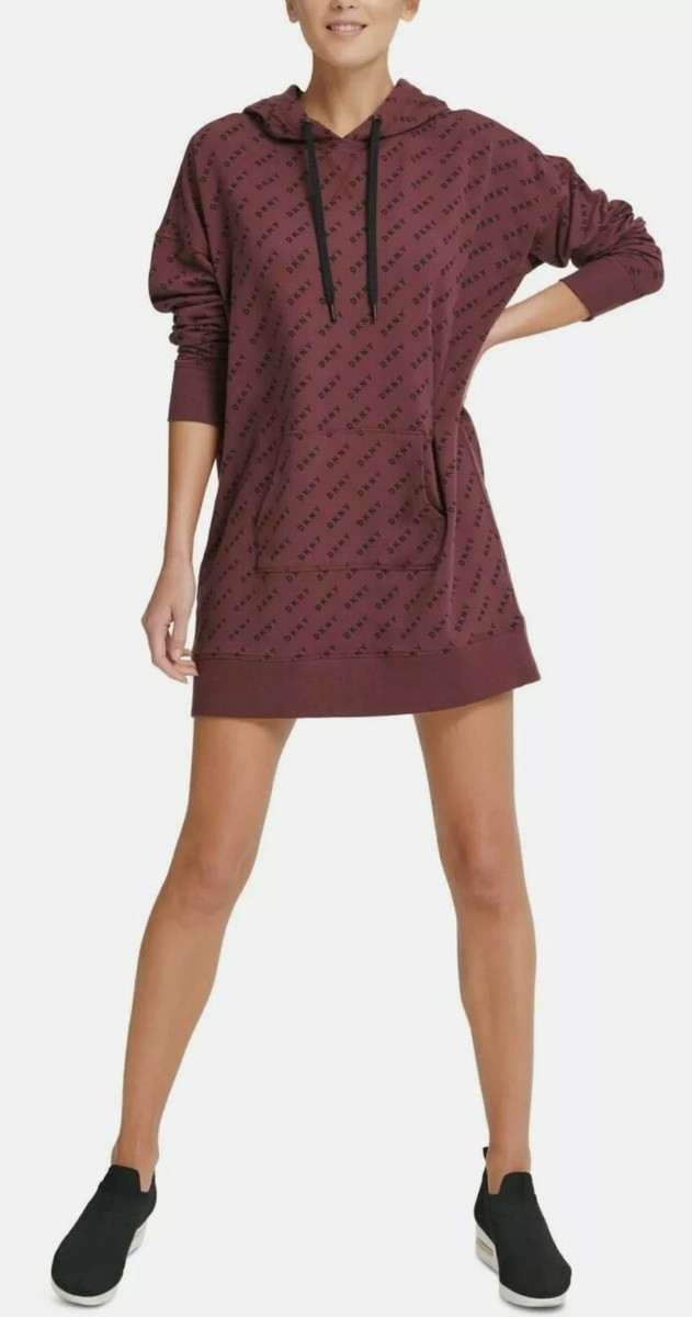 NWT DKNY M DIAGONAL SPORT LOGO HOODIE KANGAROO POCKET SWEATSHIRT PLUM RED  DRESS