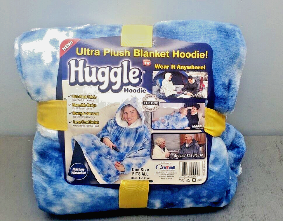 Huggle Hoodie Ultra Plush Hooded Blanket Robe Premium Fleece Blue Tie