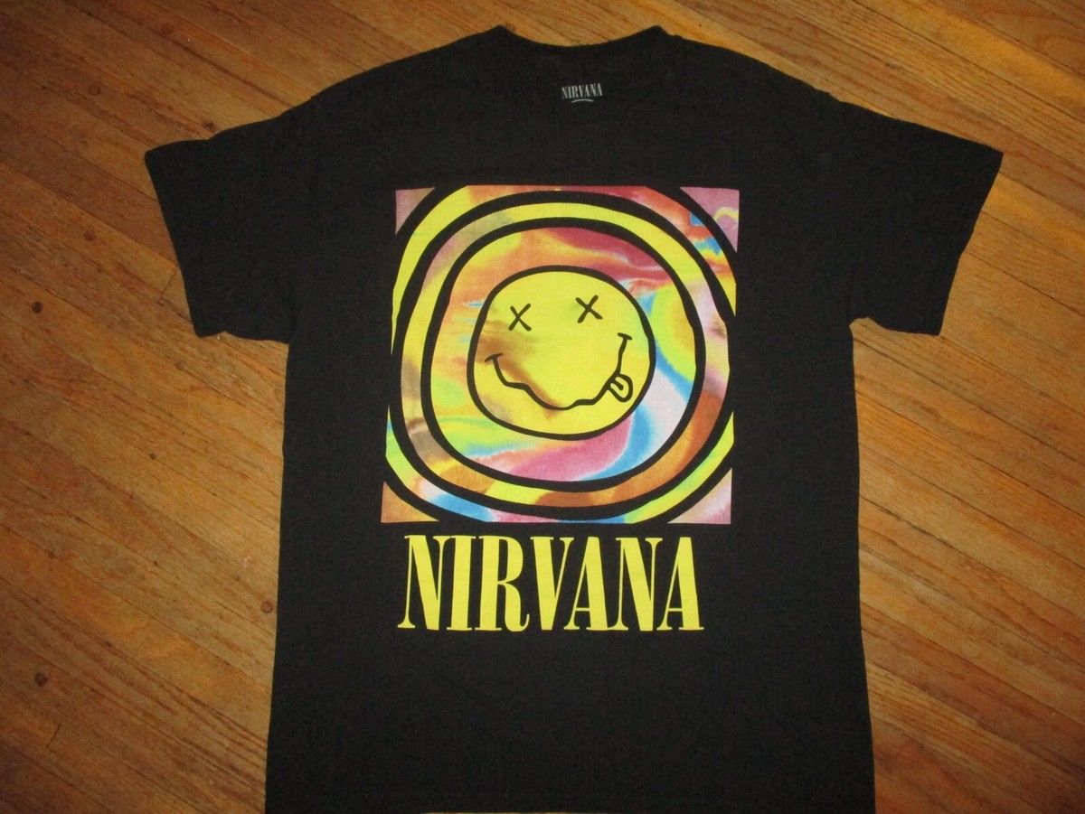 NIRVANA T SHIRT Colorful Drunk Smiley Face Logo Kurt Cobain Retro 