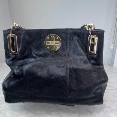 DKNY Black Cow Calf Leather Gold Hardware Shoulder Bag Twist Lock Gold Handbag