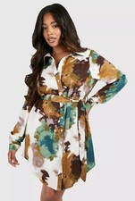 Boohoo Plus Marble Printed Tie Belt Shirt Dress