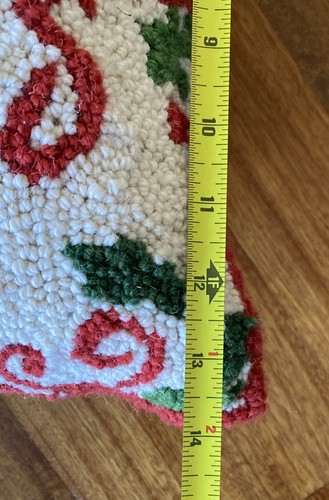 MERRY CHRISTMAS Holly Scroll Hooked Wool Pillow and Insert 17x14 Velvet Zip Back - Picture 4 of 5