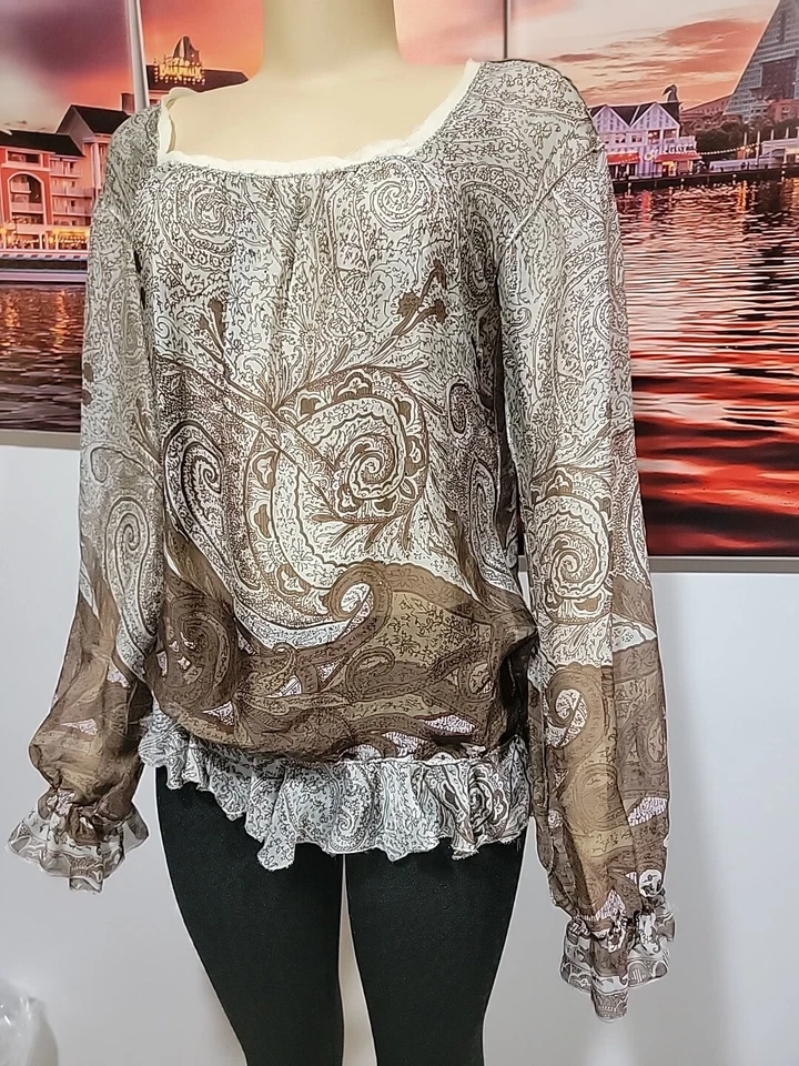 Rozae Nichols 100% шелк кристалл пейсли печать Sz M блузка коричневый синий без подкладки #3 - Изображение 4 из 4