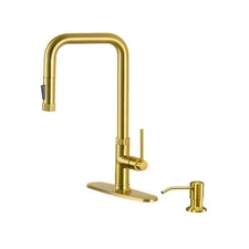 Brushed Gold Kitchen Faucets with Soap Dispenser - Modern Single Handle Pull-...
