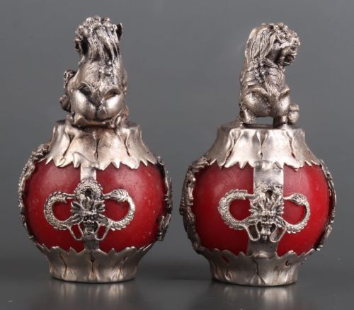 A pair Chinese old Tibet silver hand carved Armor Jade Dragon Lion Statue 22900 - Picture 4 of 9
