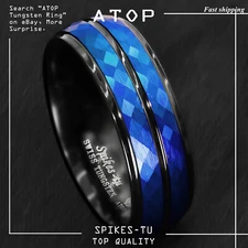 8/6mm Black Blue Brushed Crystal Skin Tungsten Ring Men Bridal Band ATOP Jewelry
