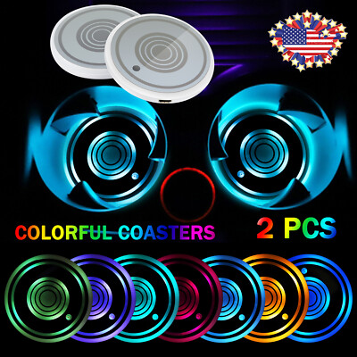 2Pcs Car Cup Holder Lights - 7-Color LED Interior Decoration Light Pads for Cars
