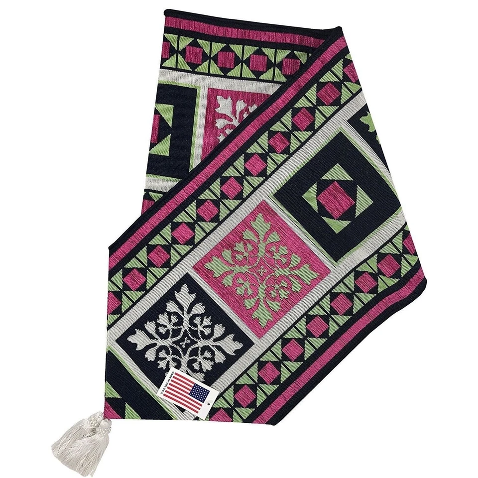 Mid Century Modern Clara Table Runner Block Bordered Tapestry Pink Green 72" NEW - Image 2 of 2