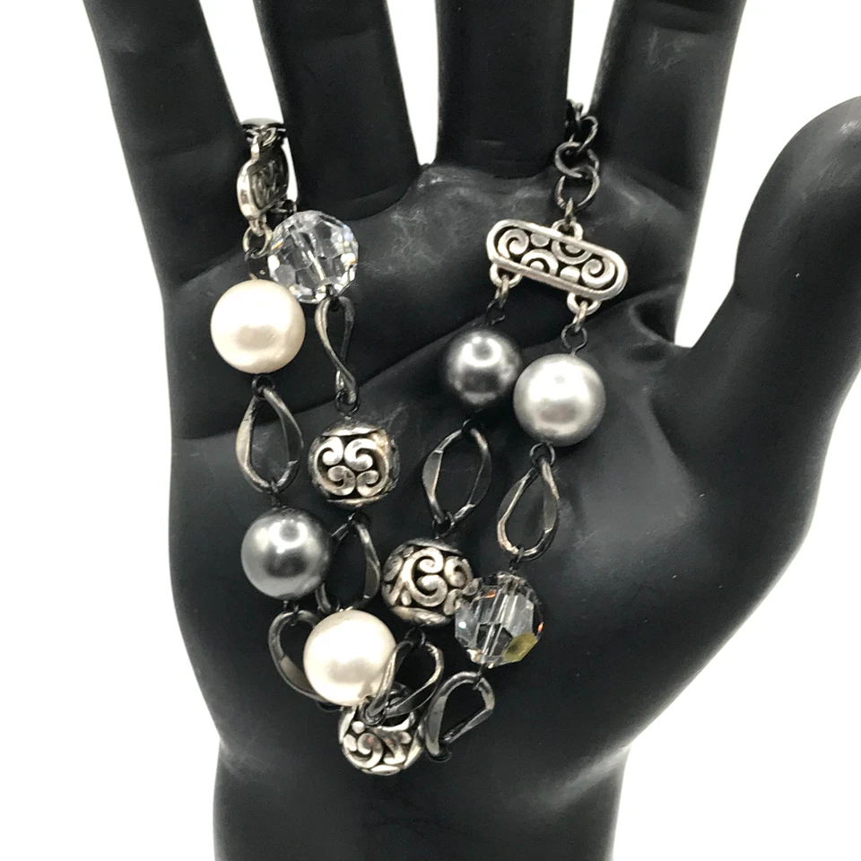 Brighton Chain Link Bracelet Blackened Silver Plate Faux Pearls White & Black - Image 2 of 4