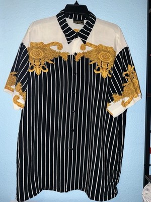 Vintage Monzini Collection Baroque Silk Feel Shirt Men's Large Black White Gold