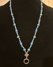 Artisan Made Turquoise Blue and Silver Rolled PAPER 30” Necklace Vintage Boho