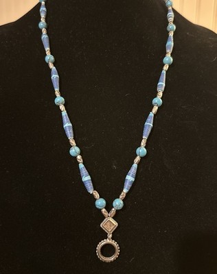 Artisan Made Turquoise Blue and Silver Rolled PAPER 30  Necklace Vintage Boho