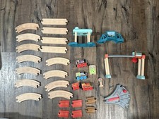 Thomas  Friends Wooden Railway Train Set with 3 Trains, Bridge, track, Crane 