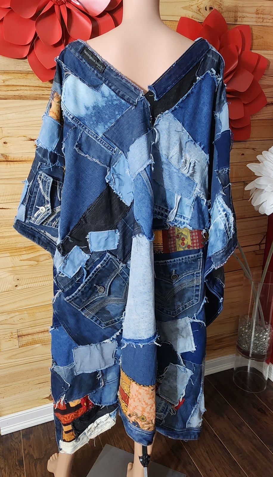 Denim Upcycled Boho Patchwork Denim Poncho - image 2