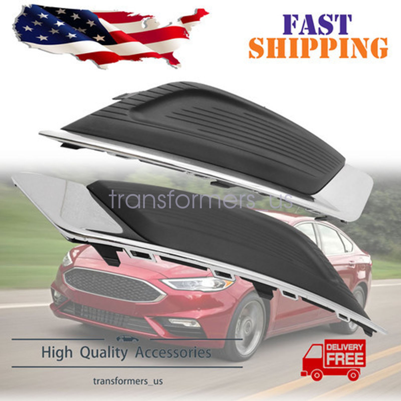 For 2017-2018 Ford Fusion Fog Lamp Light Grille Cover Bezel & Chrome Trim Set US