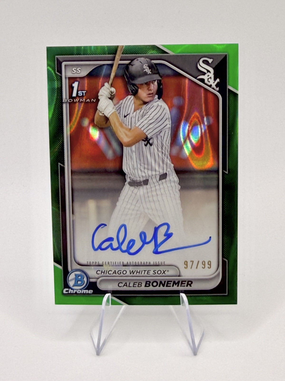 Caleb Bonemer 2024 Bowman Draft Chrome 1st Green Lava Auto /99 CPA-CBO White Sox