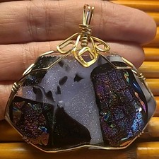Dichroic Lrg Glass Pendant Handmade Wire Wrapped Lavender/Black Womens Jewelry