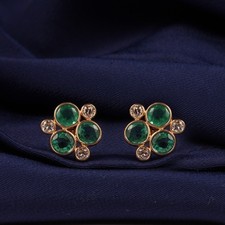 Solid 14k Yellow Gold Natural Emerald Stud Earrings Diamond Jewelry Gift Mother