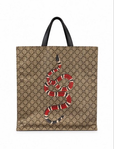 GUCCI GG Snake Tote Hand Bag Magnetic Leather PVC Brown Black Gold Hardware