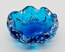 Murano Sommerso Cobalt Clear Turquoise Art Glass Bowl MCM Ashtray Bubbles