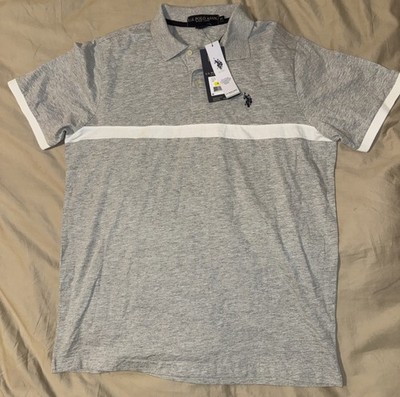NWT US POLO ASSN. Men's Med Cotton Gray & White Cuffed Short Sleeve Polo Shirt