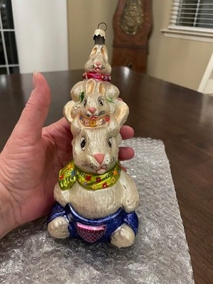 Christopher Radko Christmas ornament (Hop on Top) 8.5'' stack of 3 bunnies