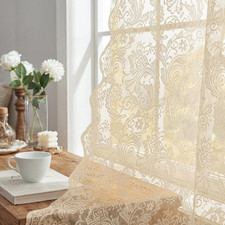 Beige Lace Curtains for Living Room and Bedroom, Farmhouse Boho Floral Lace Shee