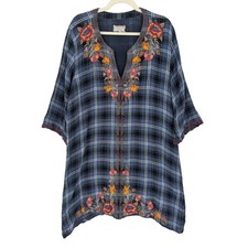 Johnny Was Workshop Tunic  XL Blue Plaid Floral Embroidered Boho Artsy Cottage