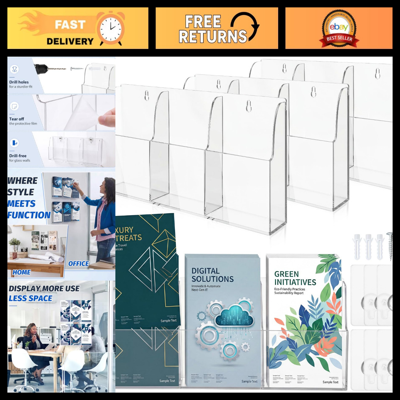 3-Pack Wall Mount Acrylic Brochure Holder - 3 Slots for 4x9 Inch Flyers
