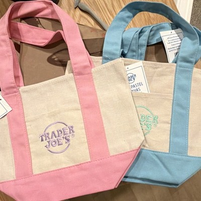 Trader Joe's Foldable Canvas Tote Bags Pink Blue Beige Set of 2