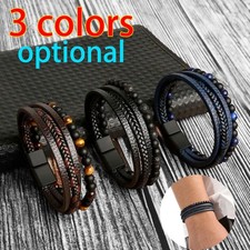 Men's Layered Braided Leather Beaded Bracelet Fashion Natural Tiger Eye Stone US