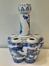  Vtg Blue & White Tulipiere Chinoiserie Chinese Dragon Porcelain Tulip Vase 