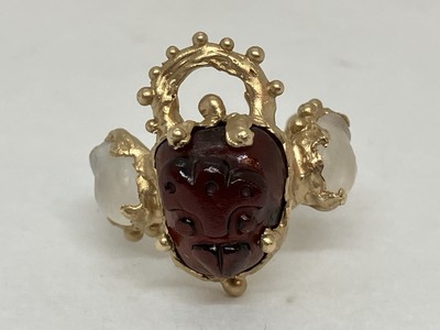 Wiggy Wong 14k YG Raspberry Blower Garnet Moonstone Artist Ring Size 6.25