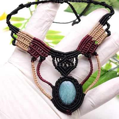 Natürlicher Amazonit Cabochon Handgemachte Boho Makramee Choker Kristallkette - Bild 1 von 4