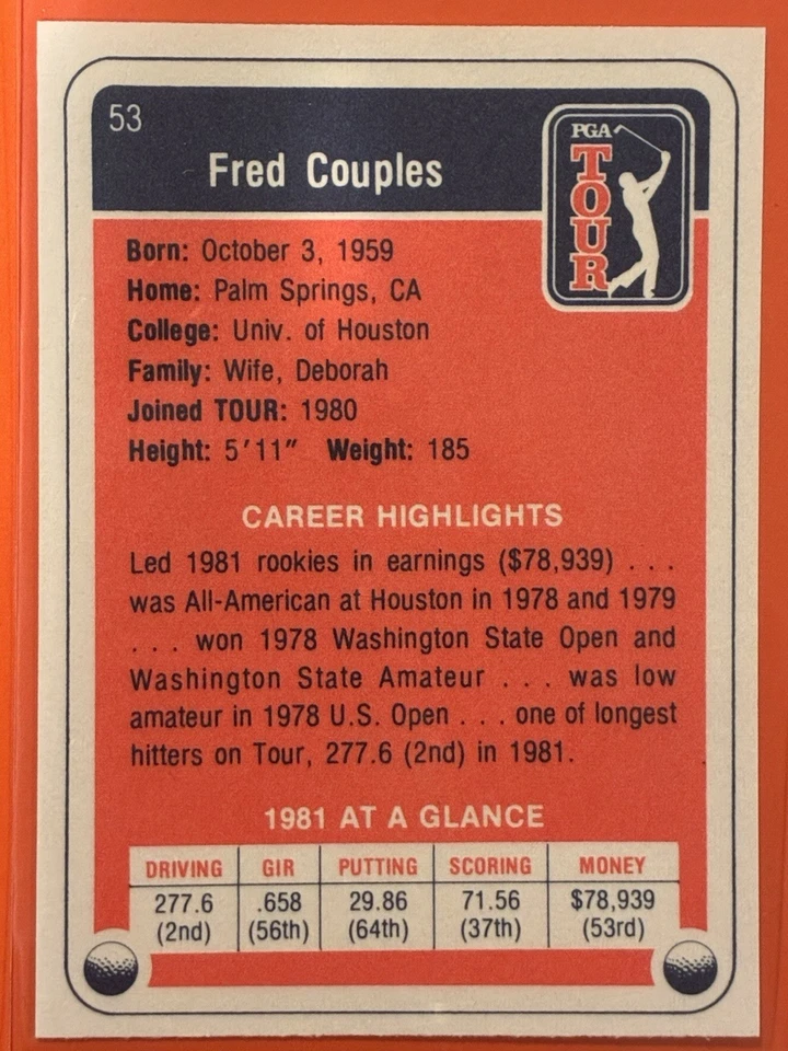 1982 Donruss Golf Stars Fred Couples Rookie RC #53 - Imagem 2 de 2