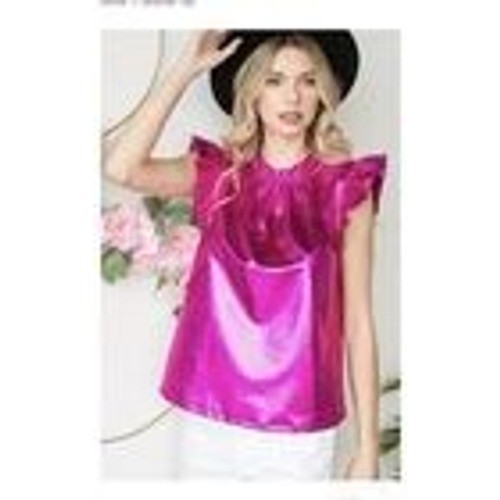 Jodifl Pink  Metallic Shimmer Blouse Sz s Ruffle Neck