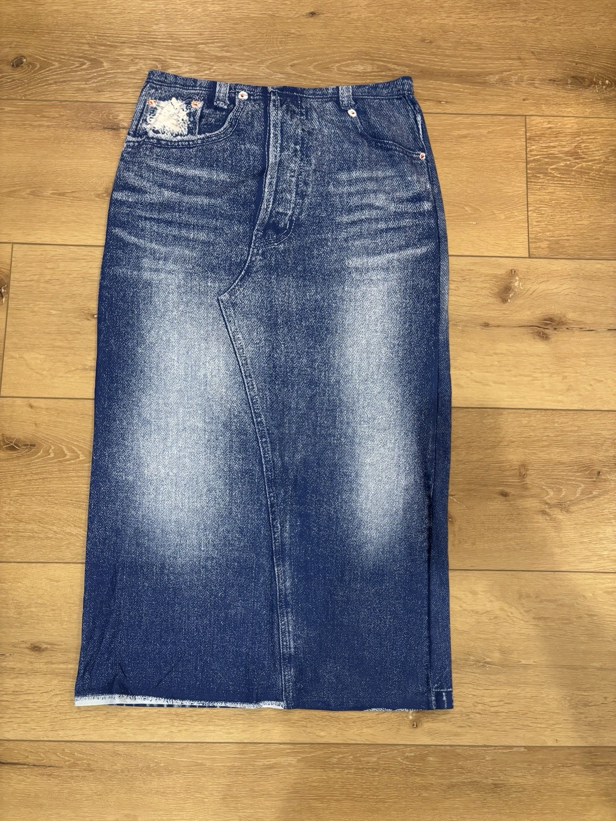 New SHEIN Curve Printed Washed Denim-look Knit Skirt XL