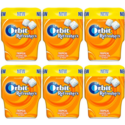 Orbit Refreshers Tropical Sugarfree Gum 30 PCS Per Bottle (6 x Bottles)