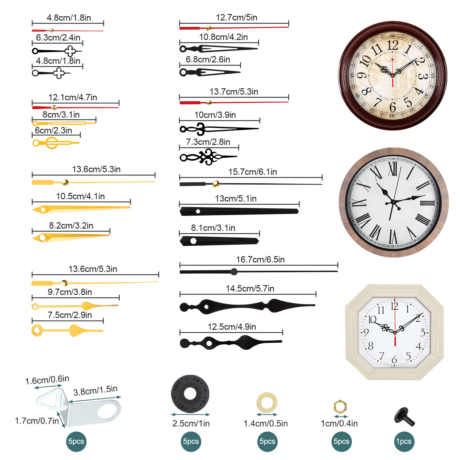 5PCS Quartz Clock Movement Mechanism DIY Repair Kit with Hands Set 13-23mm Shaft