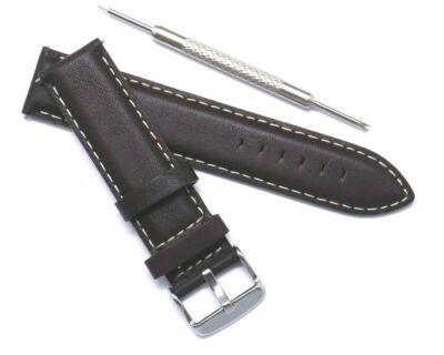 20mm Brown/White Leather Replacement Watch Band Strap W/ Spring Bar Remover Tool