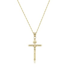 14K Yellow Gold Crucifix Cross Pendant Singapore Chain Necklace Set -Jesus Charm