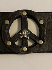 VINTAGE 1990'S GRUNGE BLACK LEATHER BELT SKULLS AND PEACE SYMBOLS 42 INCH RARE