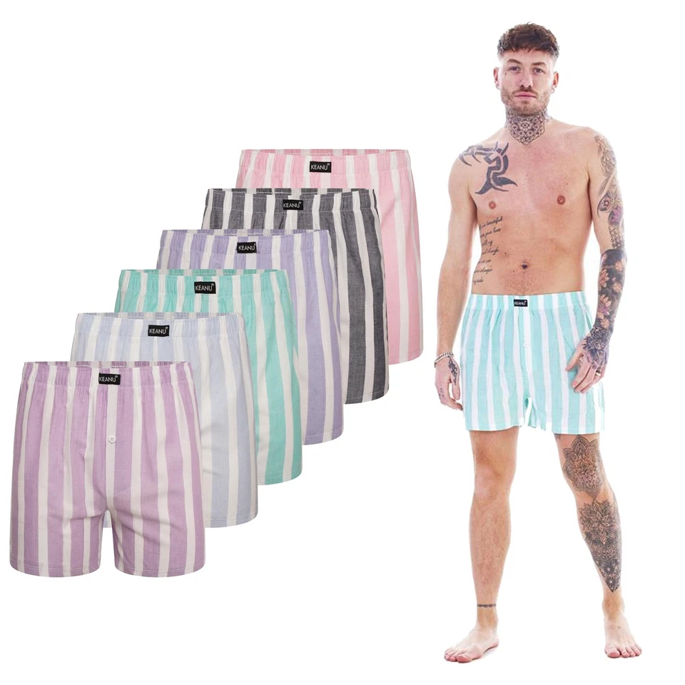 Mens 6 Pack 100% Cotton Pastel Stripe Soft Comfy Button Front Fly Boxer Shorts