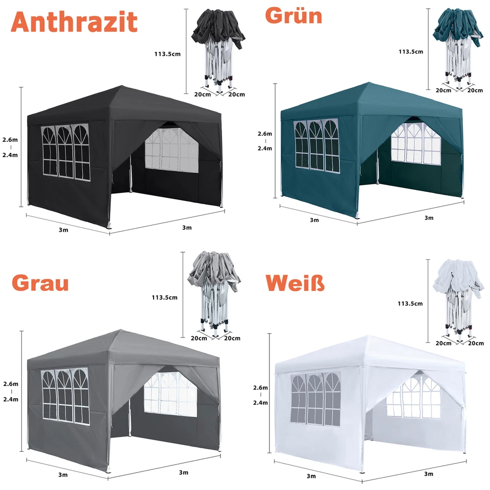 3x3m Faltpavillon Pavillon UV Gartenzelt Partyzelt Stabil Faltbar Wasserdicht DE - Bild 2 von 4