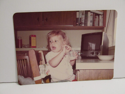 1980S VINTAGE FOUND PHOTOGRAPH COLOR ORIGINAL ART PHOTO CUTE BLONDE BOY & DRINK